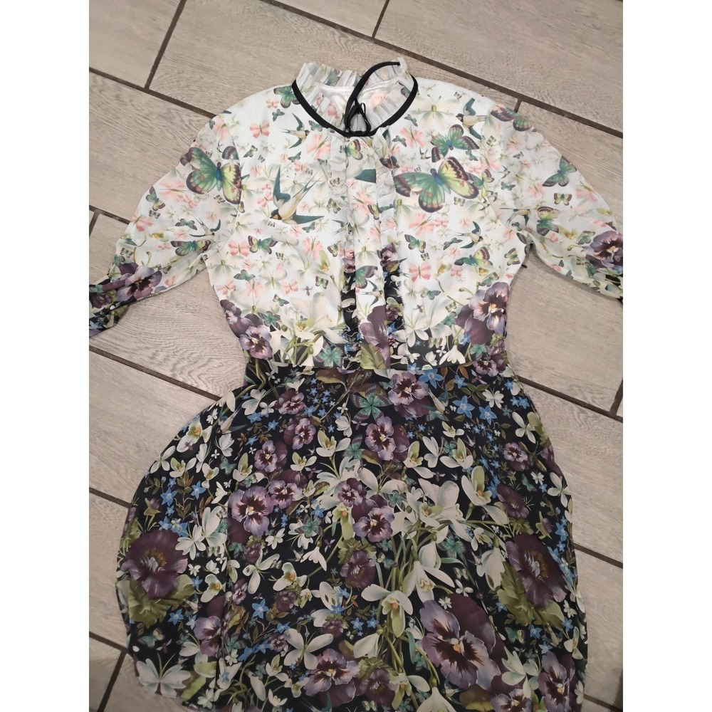 Ted Baker Floral Butterfly Chiffon Mini Dress Ruffle Neck Long Sleeve Multi US 8 - Picture 12 of 13